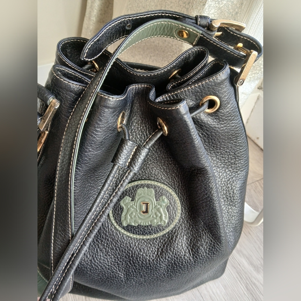 JOYCE Black Leather Drawstring Bag - Picture 2 of 11